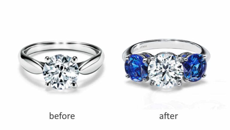Before/after adding colored gemstones to a diamond engagement ring