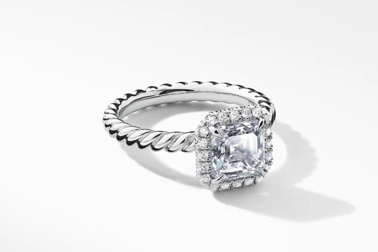 Capri engagement ring with platinum asscher cut diamond
