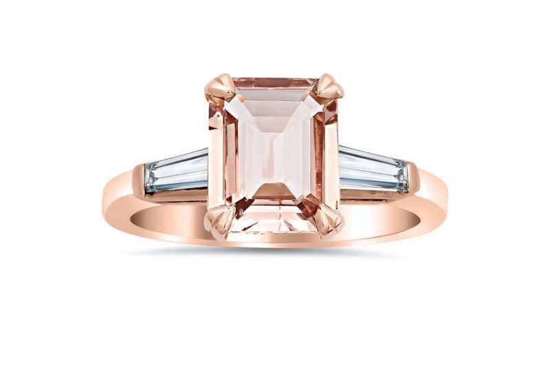 Emerald cut morganite diamond 3 stones ring