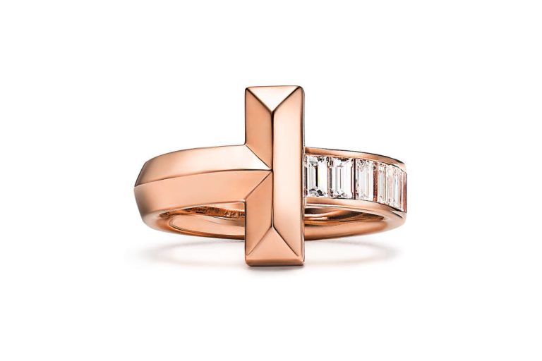 t1 ring with baguette diamonds on one side