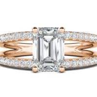 Emerald cut diamond engagement ring with double pav&eacute; band