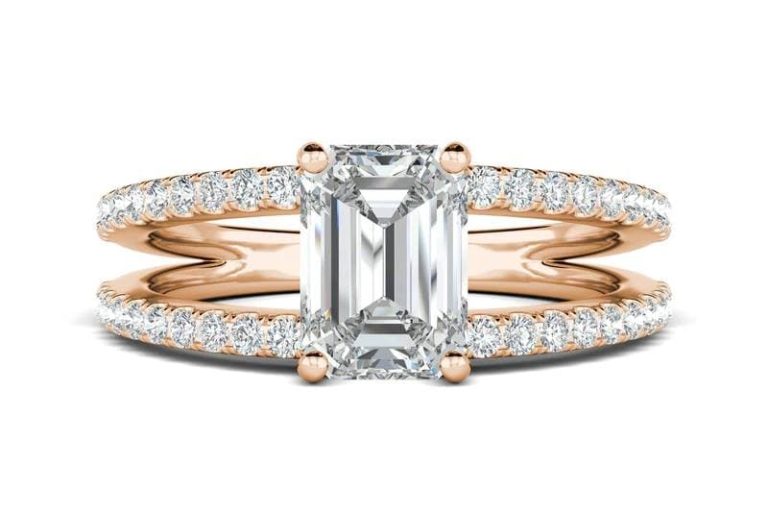 Emerald cut diamond engagement ring with double pavé band