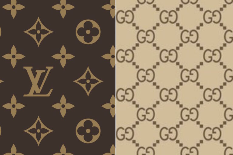 Louis Vuitton and Gucci patterns side by side
